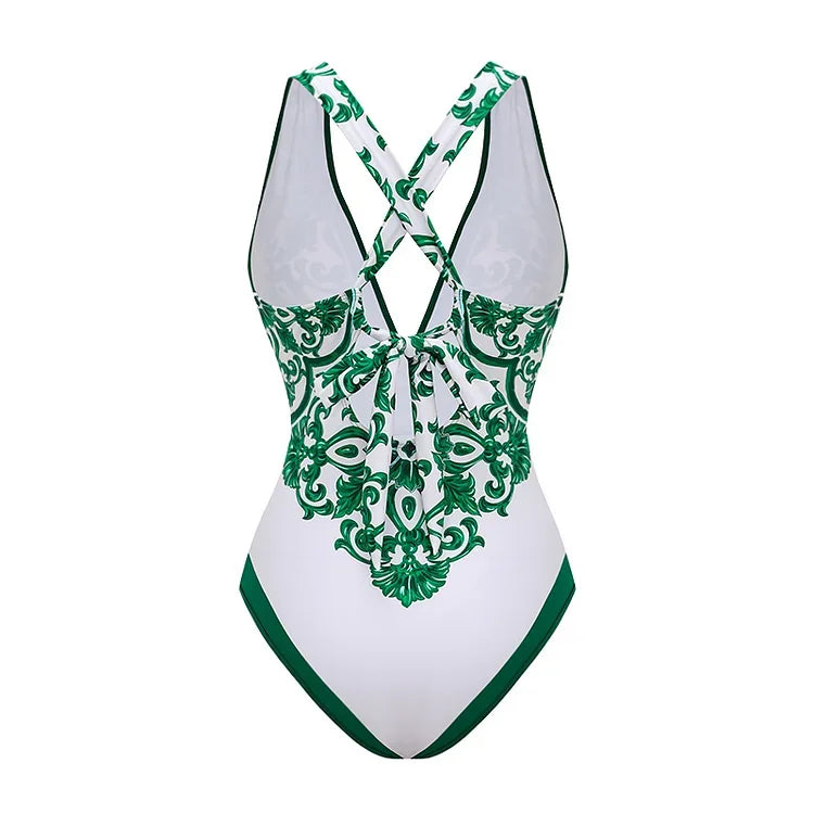 Deep V-Neck Swimsuit - Majolica Print Beachwear