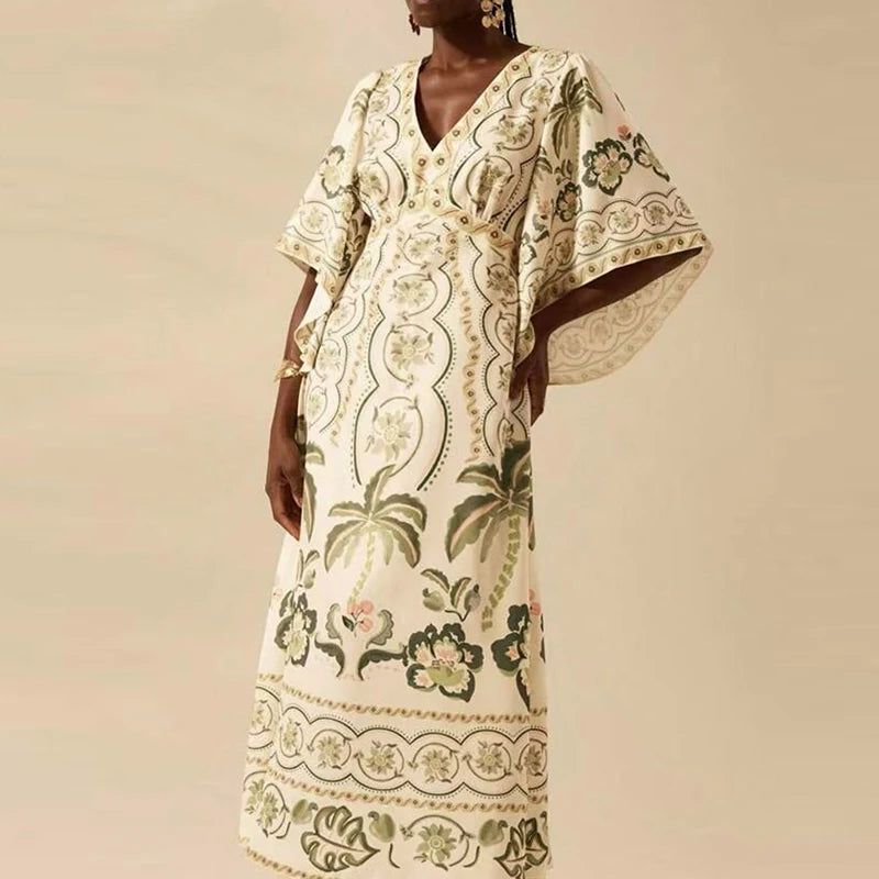 Woman wearing a floral dress with a neutral background