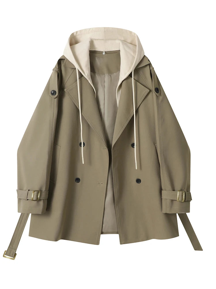 Khaki trench coat with white hood on a white background