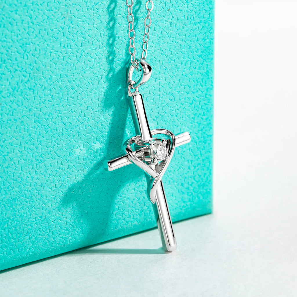 Moissanite Cross Heart Pendant Necklace - 925 Silver 18K Gold Plated