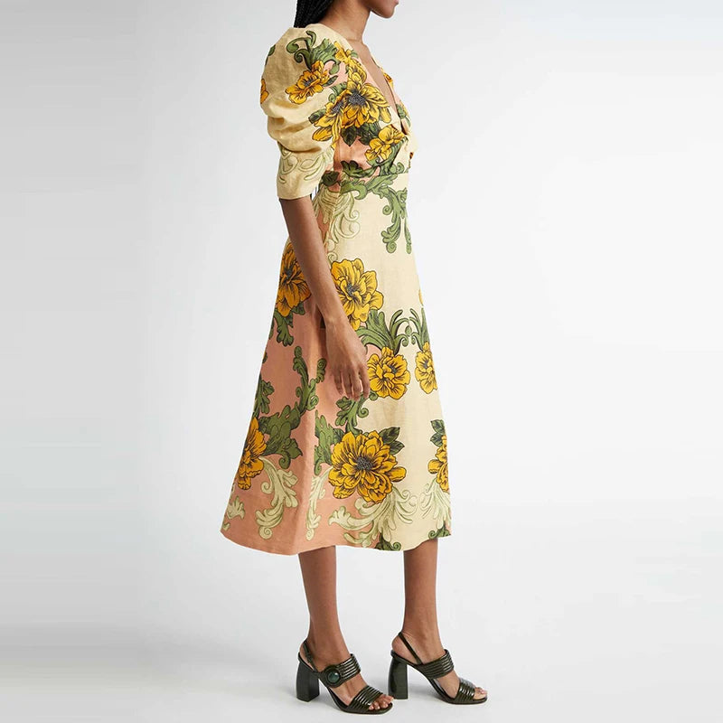 Woman wearing a floral dress on a white background