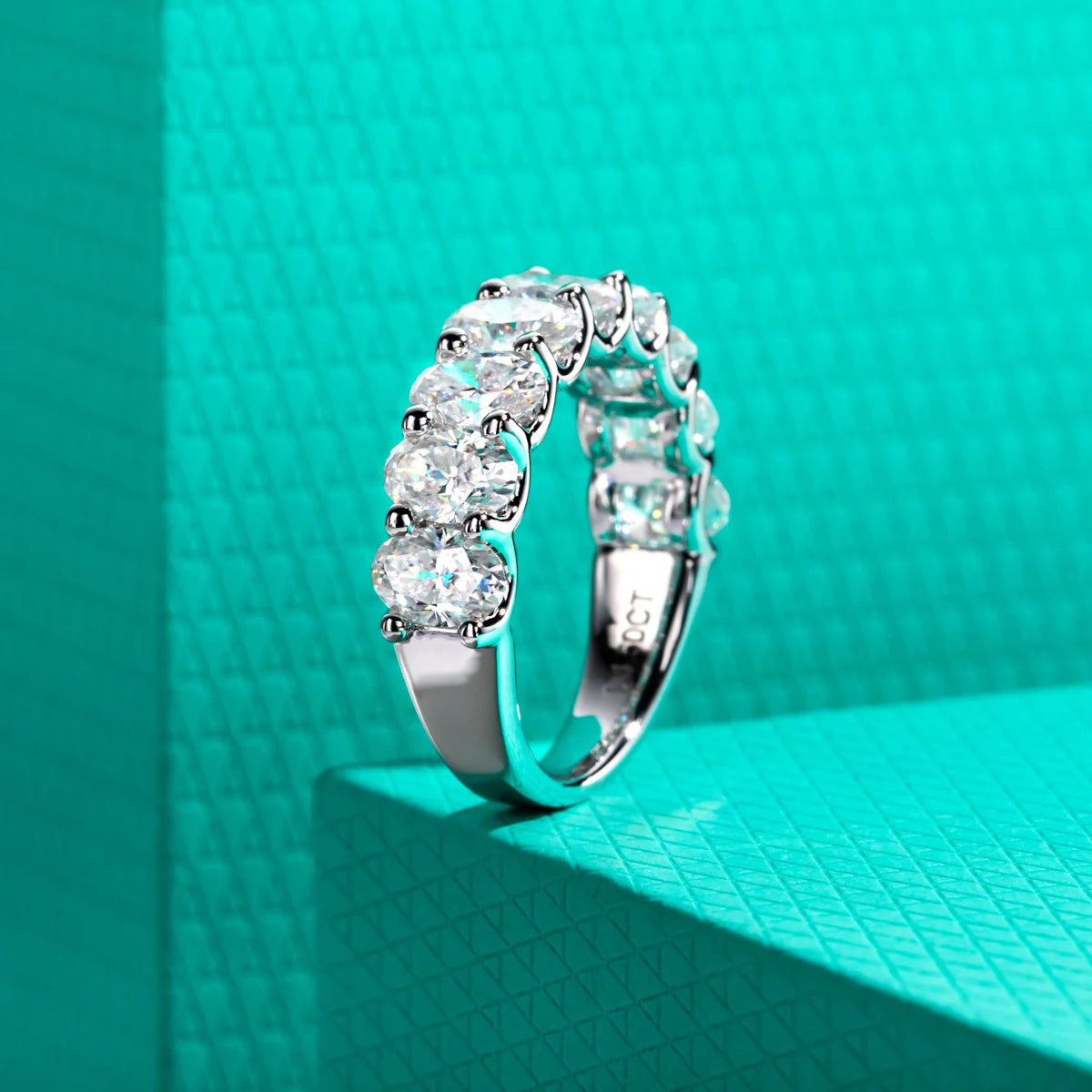 0.5ct Oval Moissanite Half Eternity Band - Sterling Silver Wedding Ring