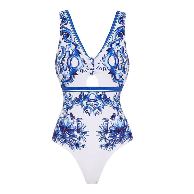 Bow Decor Majolica Print Swimsuit - Elegant Beachwear