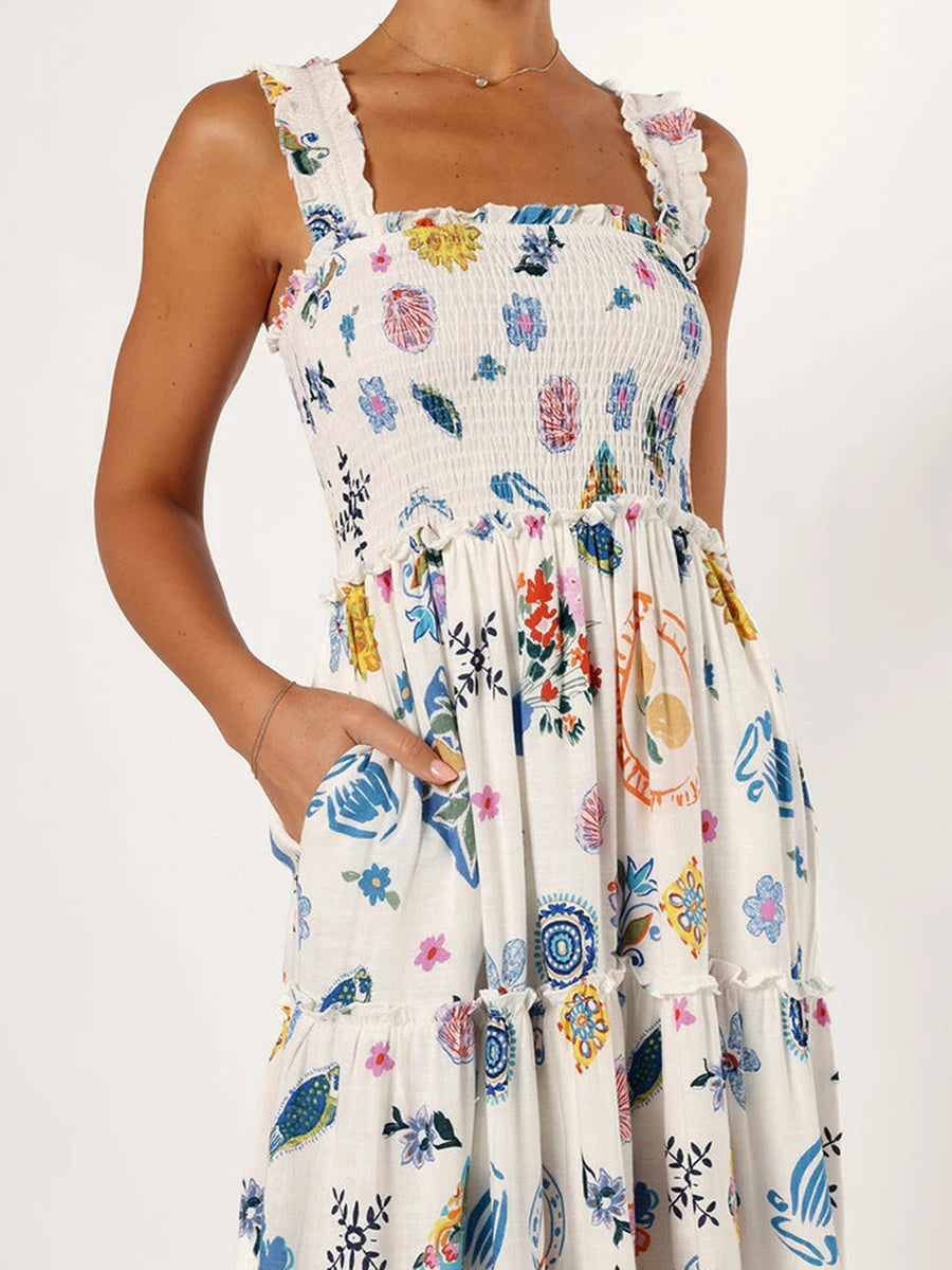 Woman wearing a floral dress with a white background