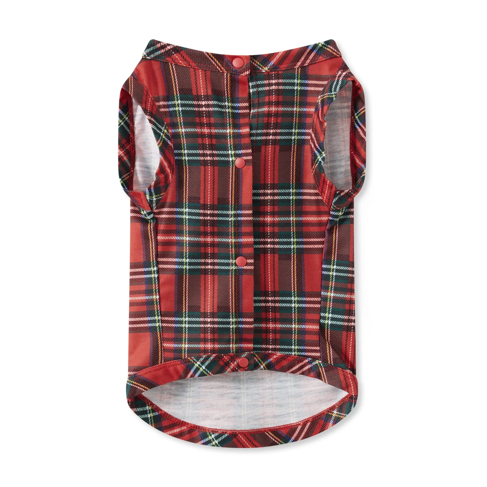 Red and green plaid dog coat on a white background