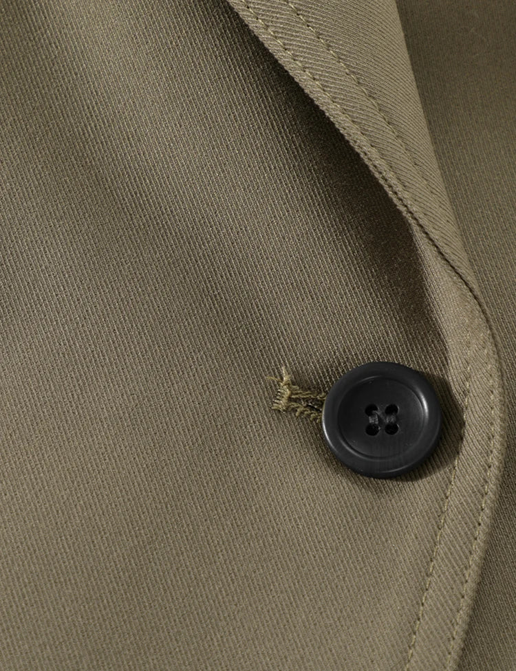 Close-up of a button on a beige coat with visible stitching details.