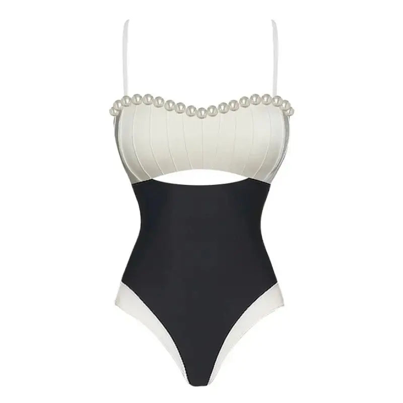 Pearl Decor Color Block Swimsuit