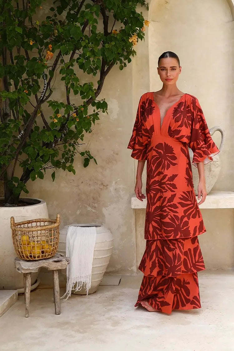 Bandeau Blossom Print Maxi Dress - Ruffle Dolman Sleeve