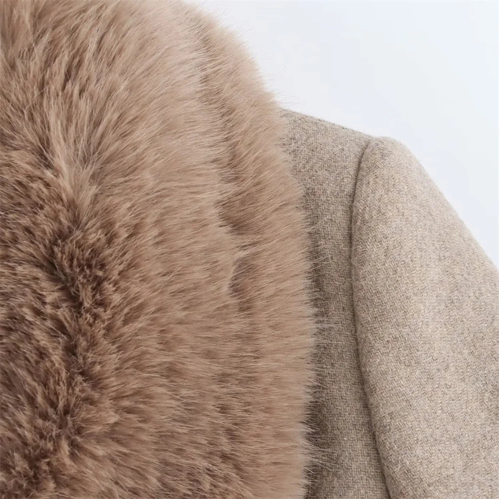Close-up of a coat with fur collar and beige fabric on a light background