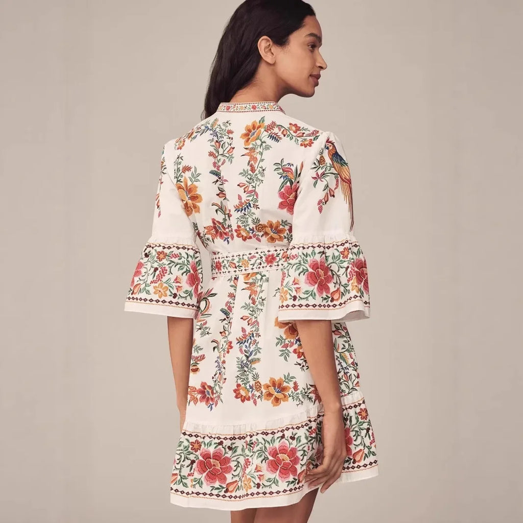 Floral Print V-Neck Linen Maxi Dress - Lantern Sleeve Waist-Cinching