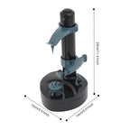 Black and gray adjustable stand with measurements on a white background