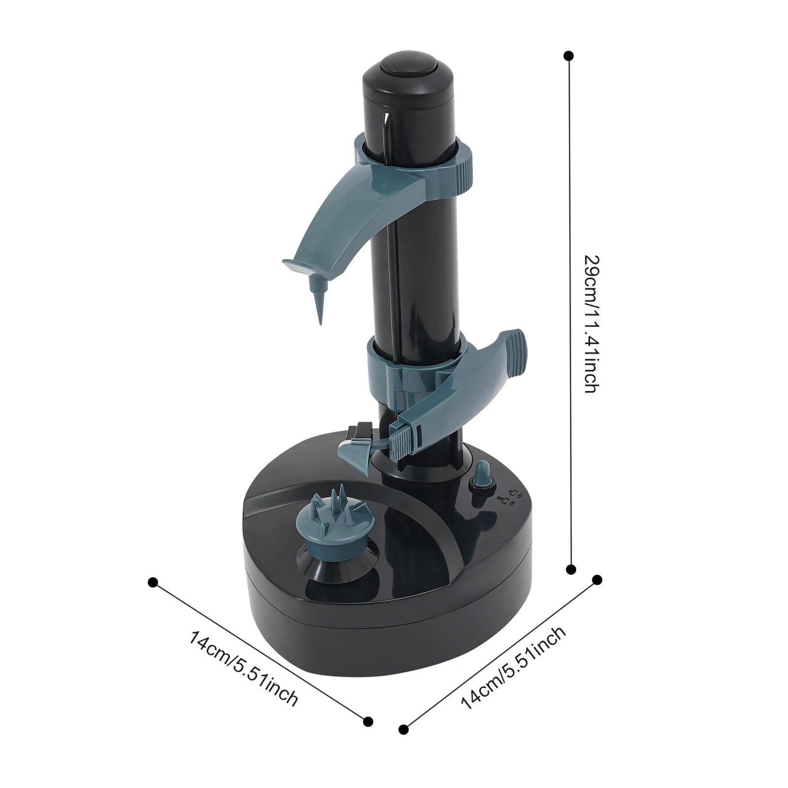 Black and gray adjustable stand with measurements on a white background