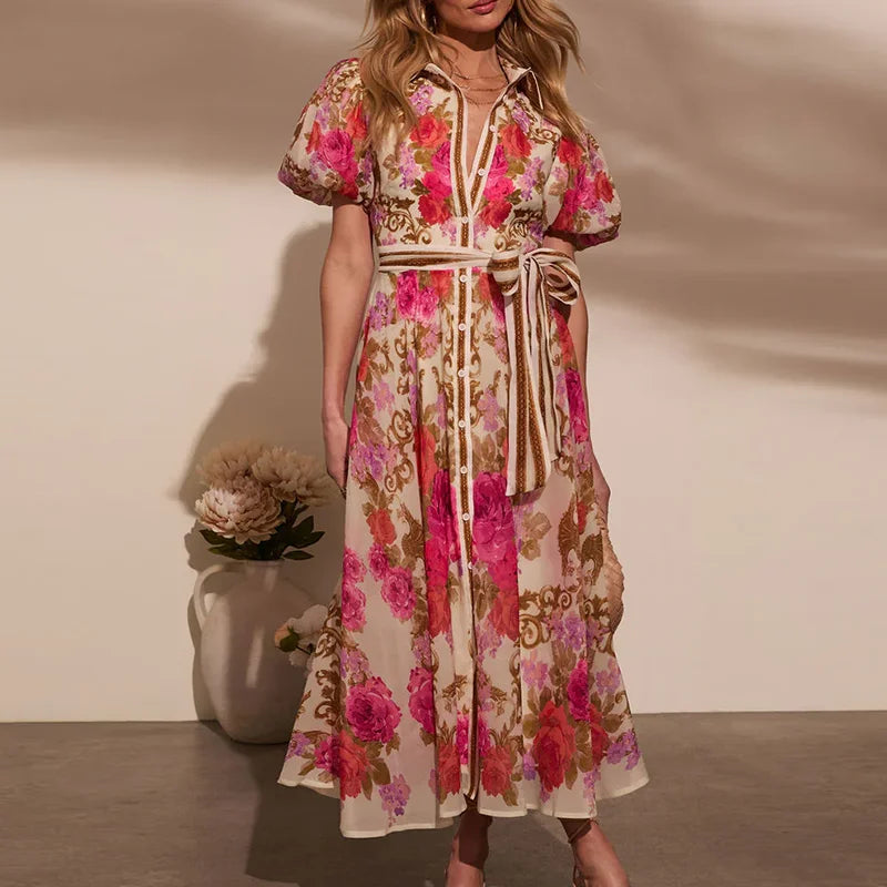 Woman wearing a floral dress with a neutral background