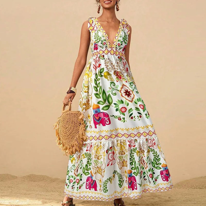 Floral Print Off-Shoulder Maxi Dress - Pleated Sleeveless V-Neck