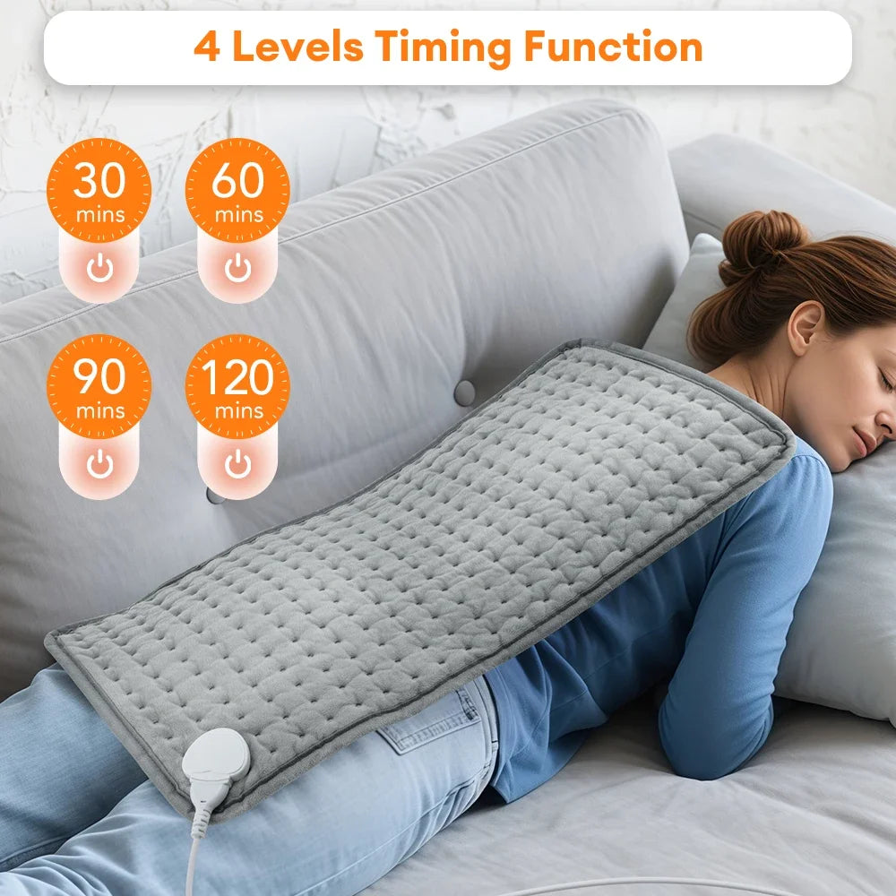 Woman lying on a couch with a gray heating pad, displaying timing functions.
