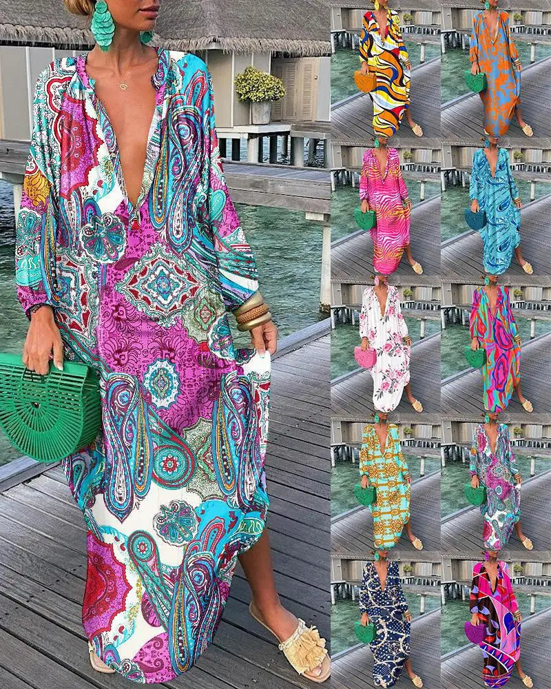 Woman in a colorful patterned dress standing by a waterfront with multiple views of the same scene.