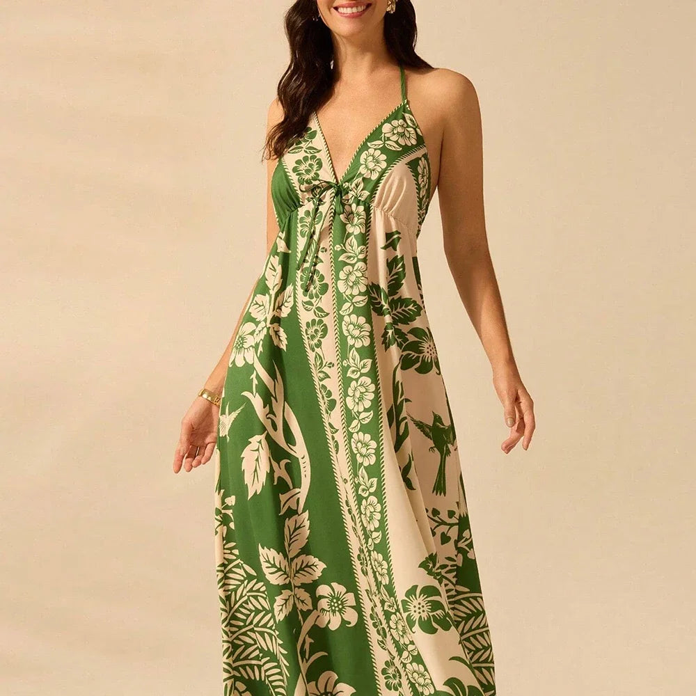 Graphic Print Halter Maxi Dress - Lace-Up Back Dress