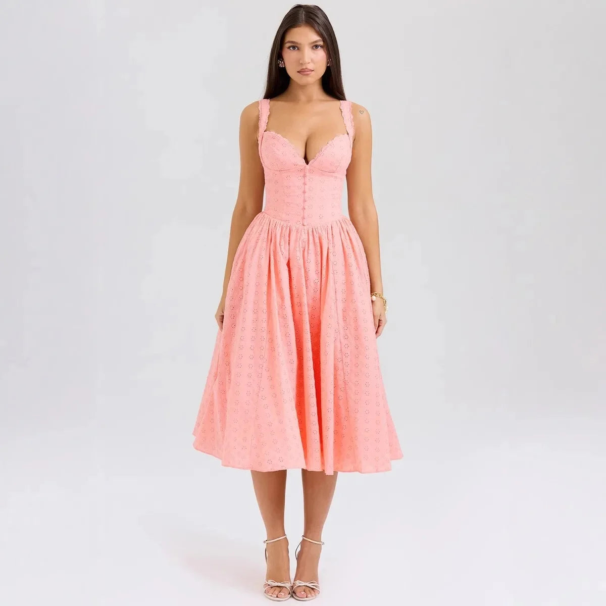 Embroidered Tulle Mini Dress - Spaghetti Strap V-Neck - Cottagecore Style