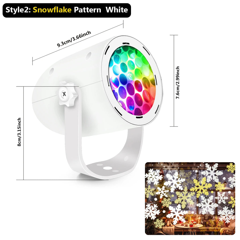 White LED projector with colorful light display, snowflake pattern, and measurements on a white background.