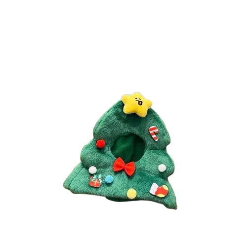 Green plush toy shaped like a Christmas tree with colorful decorations on a white background