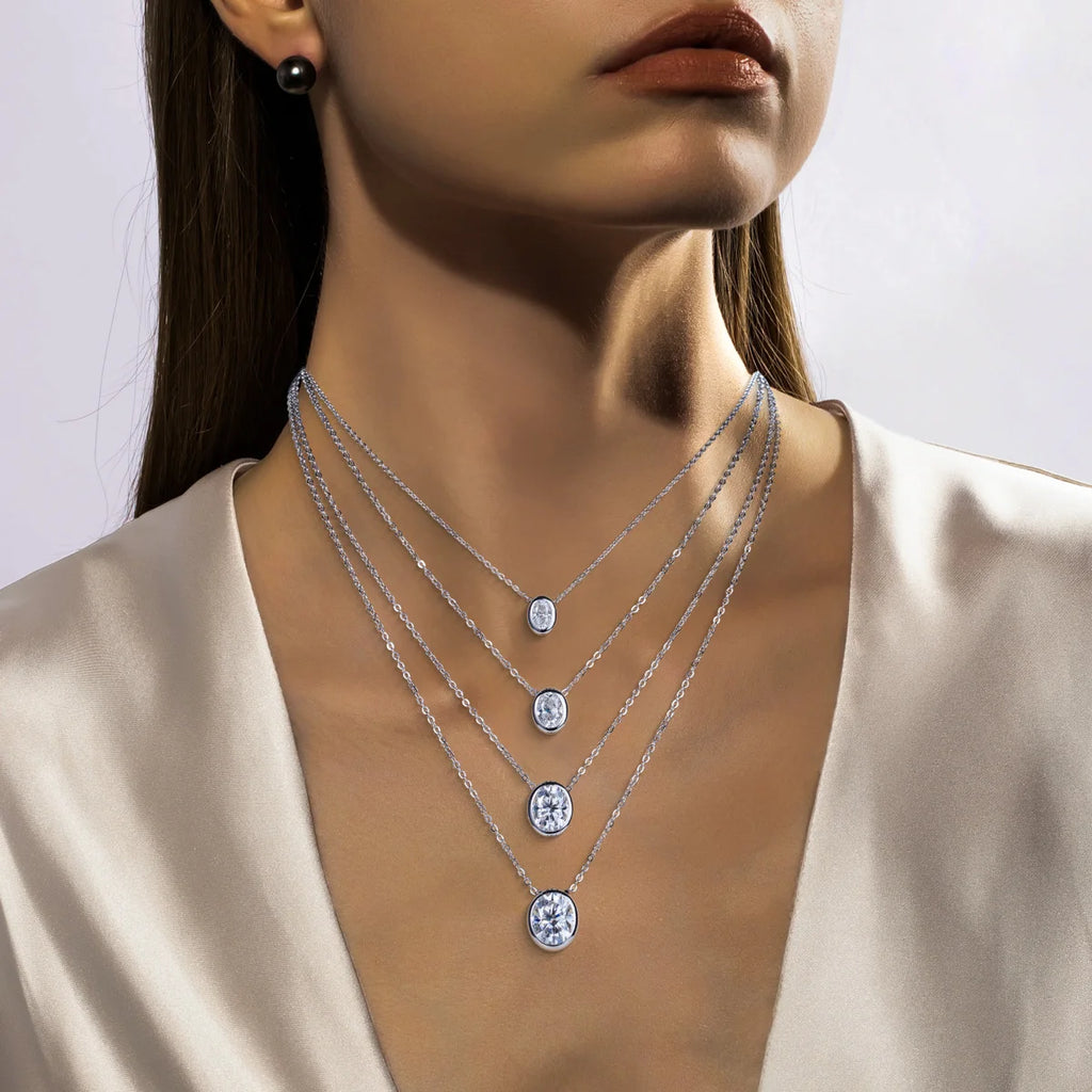 Oval Cut Moissanite Bezel Pendant Necklace - 18K Gold Plated 925 Sterling Silver D Color