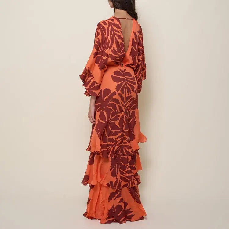 Bandeau Blossom Print Maxi Dress - Ruffle Dolman Sleeve