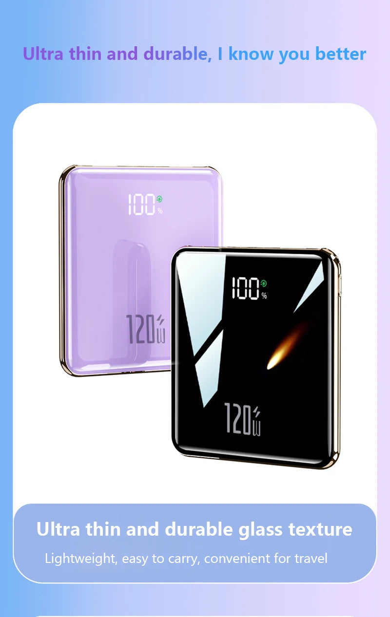 Two power banks with digital displays on a light purple background