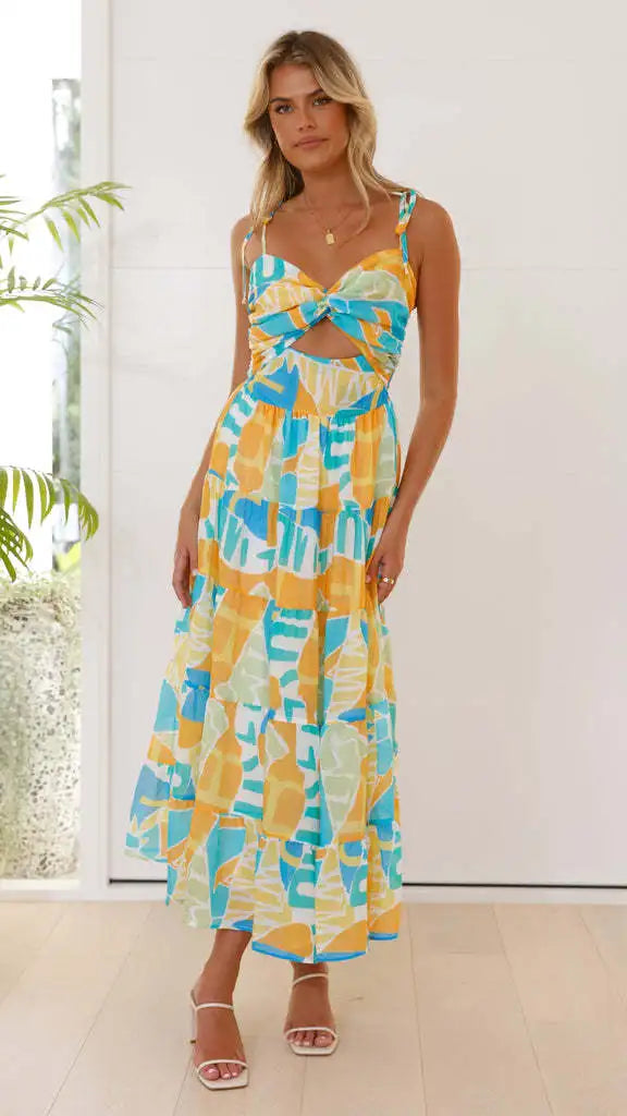 Floral Print Maxi Dress - A-Line Strap Vacation Dress
