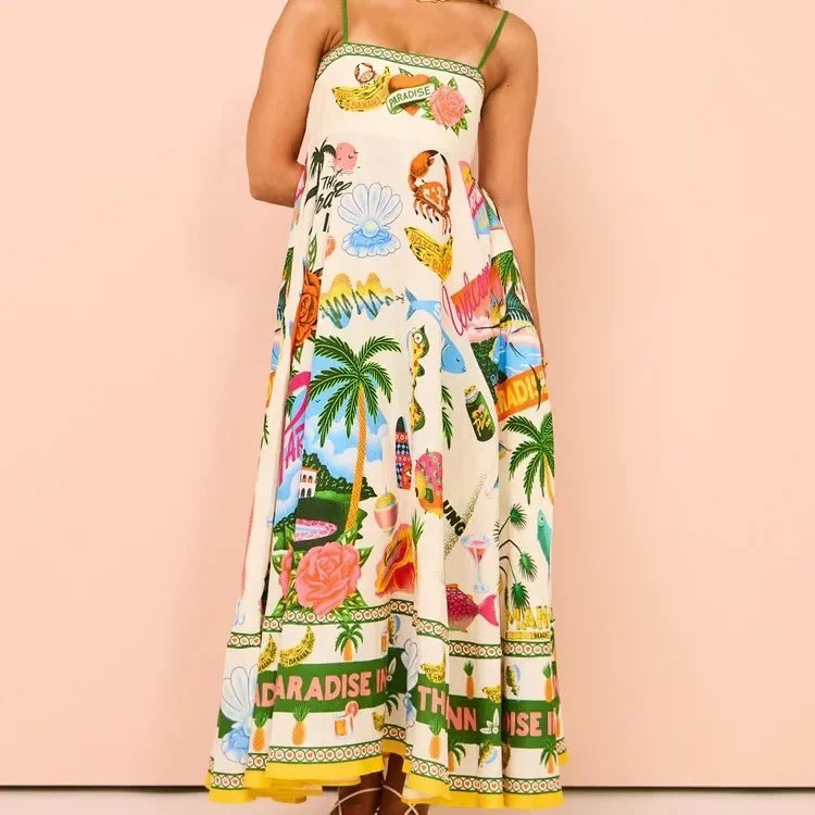 Colorful tropical-themed dress with palm trees and beach elements on a pink background