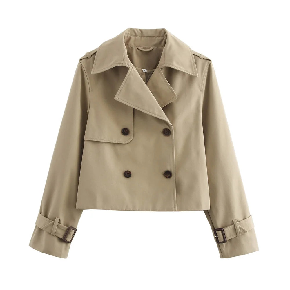 Beige trench coat with button details on a white background