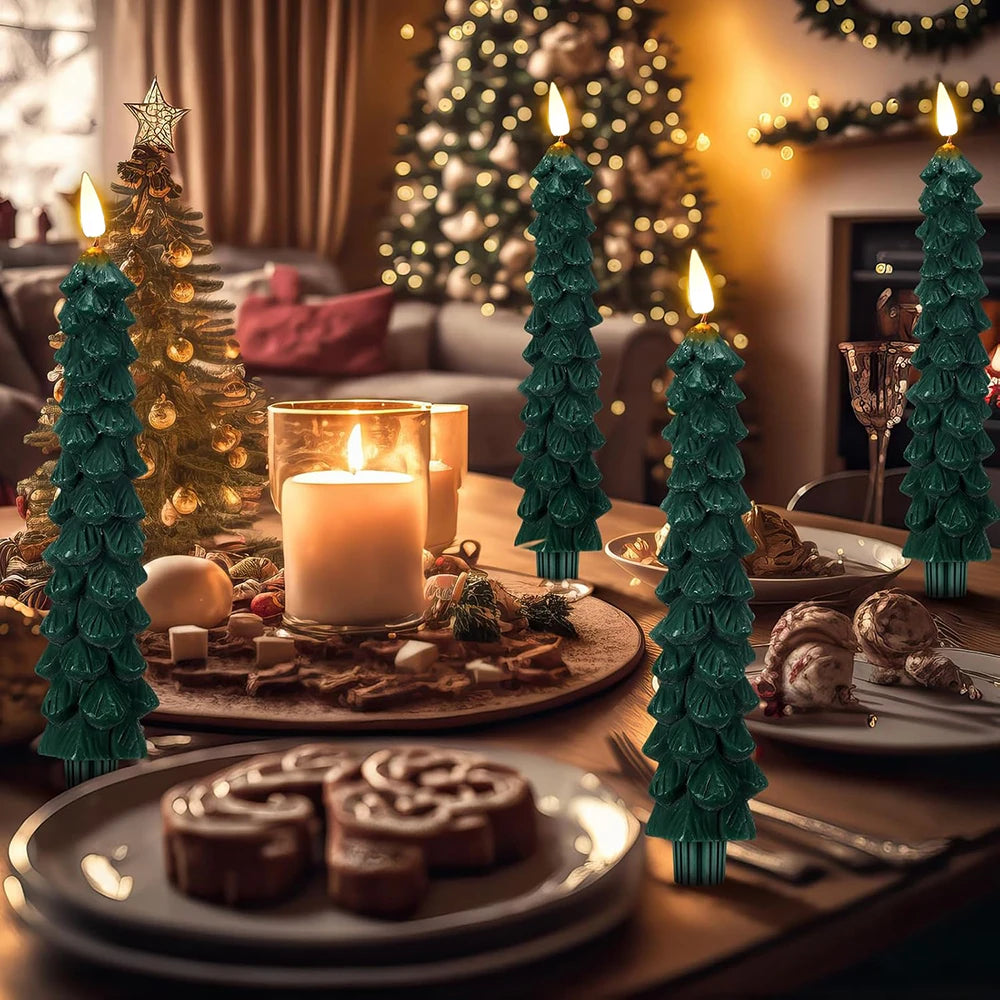 Decorative Christmas table setting with candles and tree-shaped candles in a cozy living room.