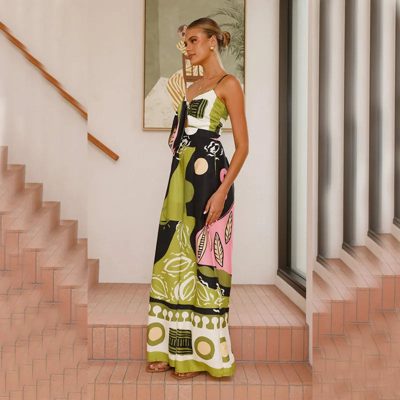 Printed Spaghetti Strap Jumpsuit - Lace-Up Wide Leg Boho Romper