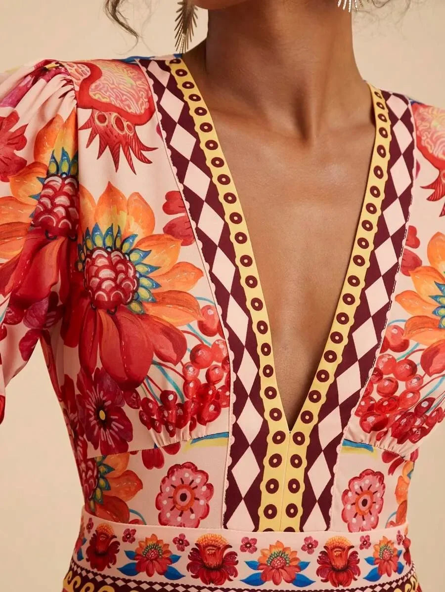 Floral Print Bubble Sleeve Maxi Dress - V-Neck Summer Dress