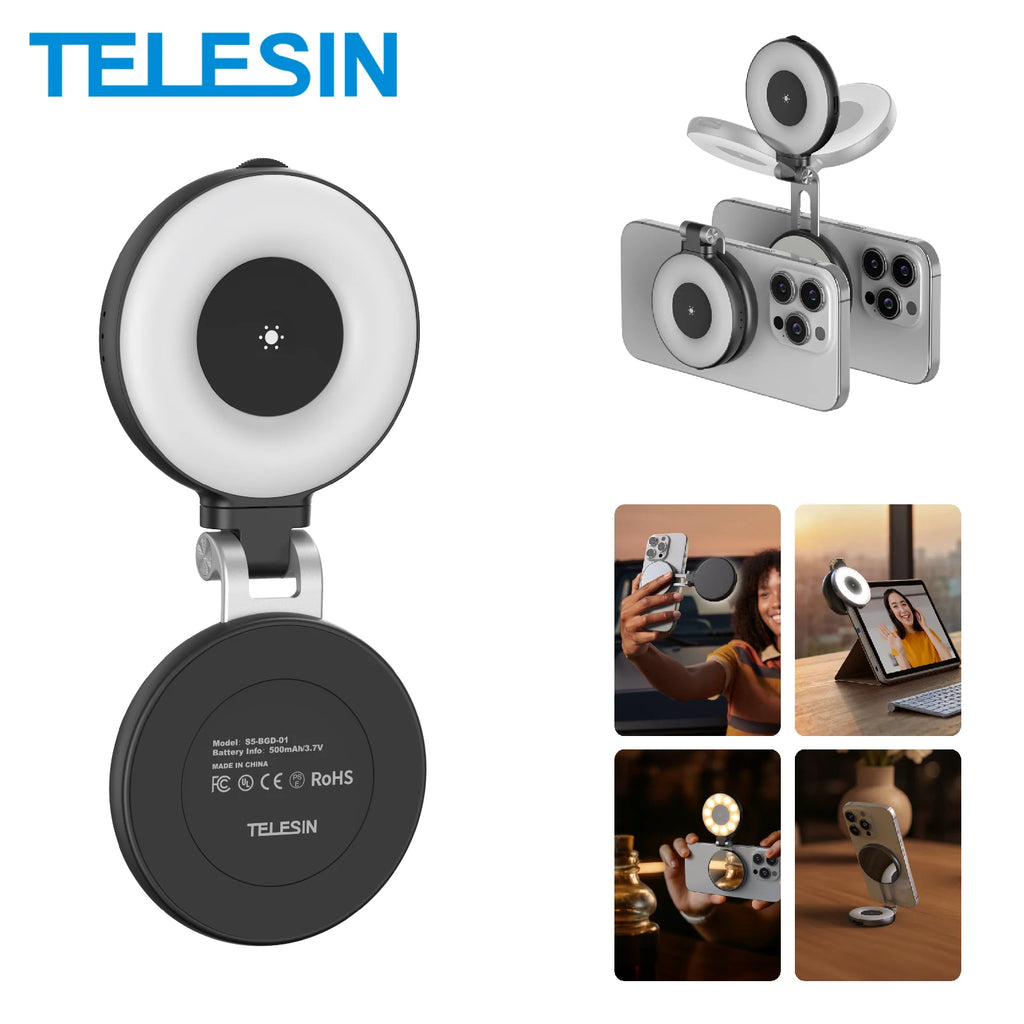 Telesin ring light with smartphone holder and usage scenarios on a white background