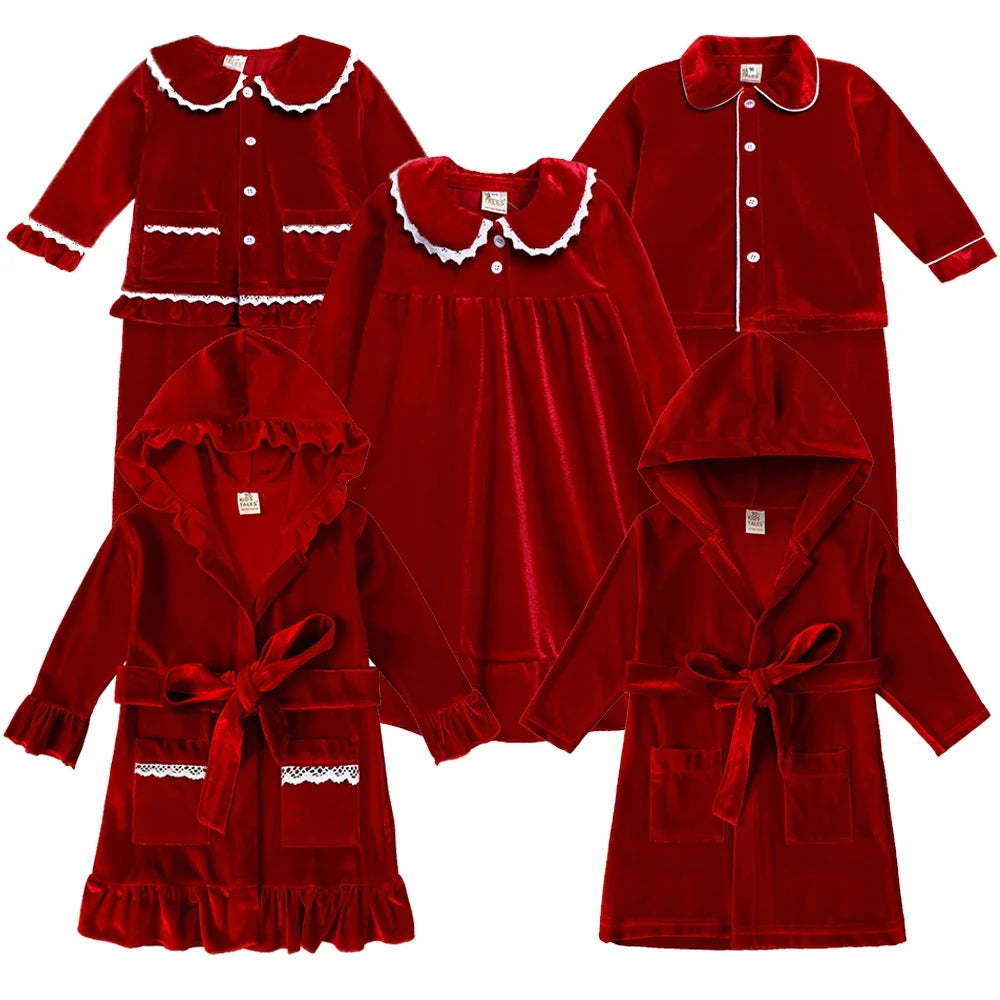 Kids Velvet Christmas Robe Pajamas – Family Matching Winter Sleepwear