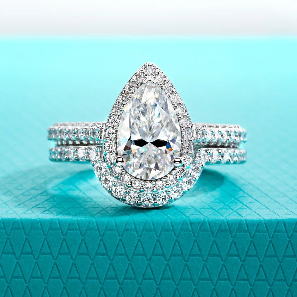 4.83ct Pear Cut D-Color Moissanite Halo Bridal Ring Set - 925 Sterling Silver
