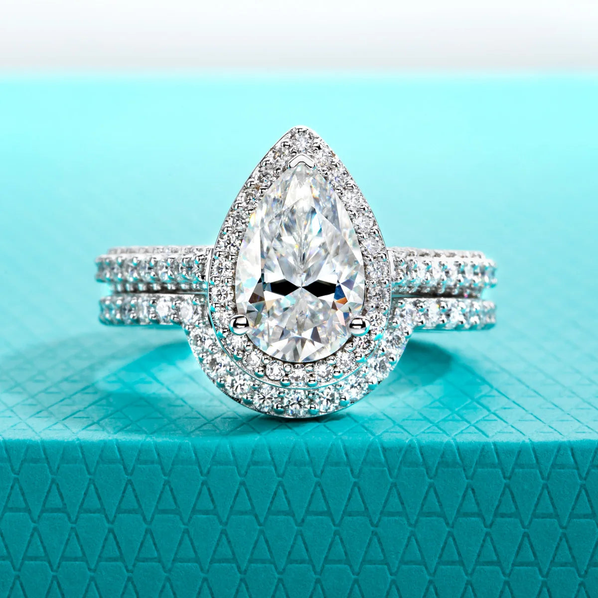 4.83ct Pear Cut D-Color Moissanite Halo Bridal Ring Set - 925 Sterling Silver