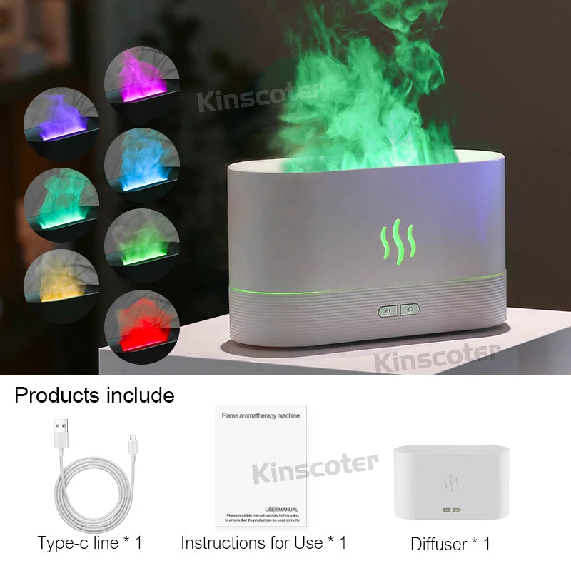 Kinscoter diffuser with colorful lights and included components on a dark background