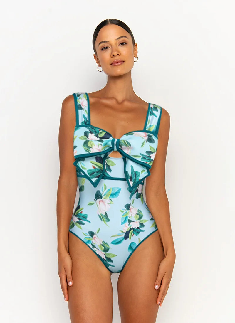 Bow Decor Magnolia Print Swimsuit - Elegant Beachwear