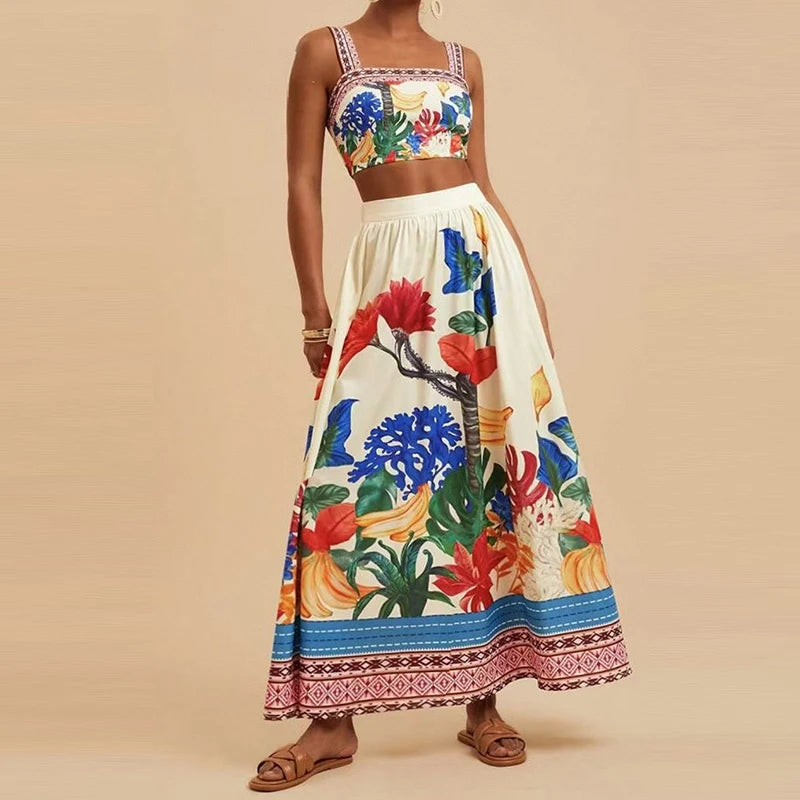 Tropical Print Halter Top & Skirt Set - High Waist Two-Piece Outfit