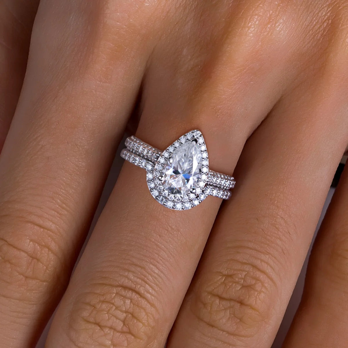 4.83ct Pear Cut D-Color Moissanite Halo Bridal Ring Set - 925 Sterling Silver