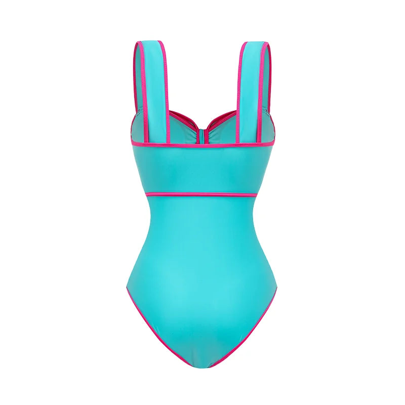 Bow Decor Swimsuit - Blue and Pink Beachwear