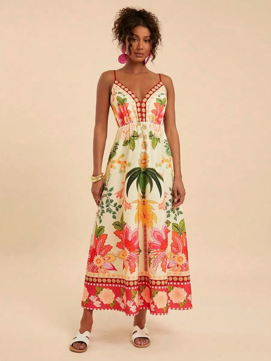 Floral Print Off-Shoulder Maxi Dress - Spaghetti Strap A-Line