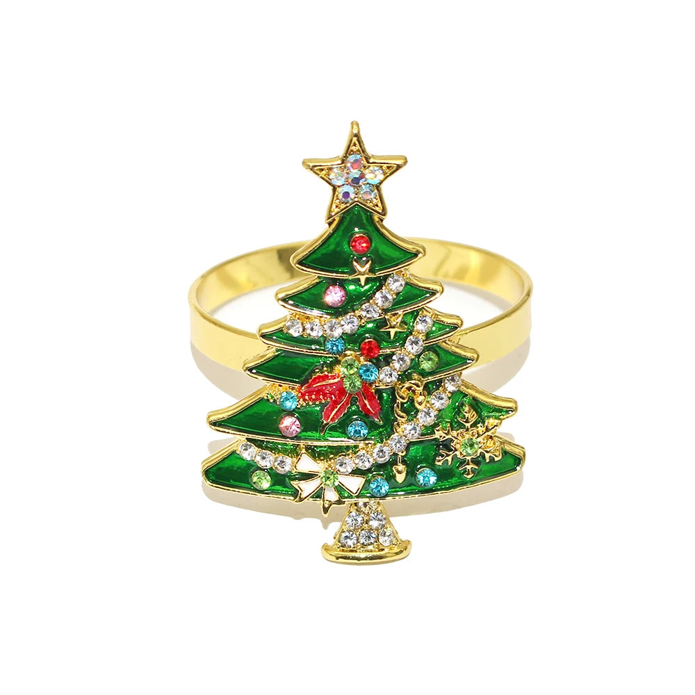 Christmas tree-shaped ring with gold band, green leaves, and colorful decorations on a white background