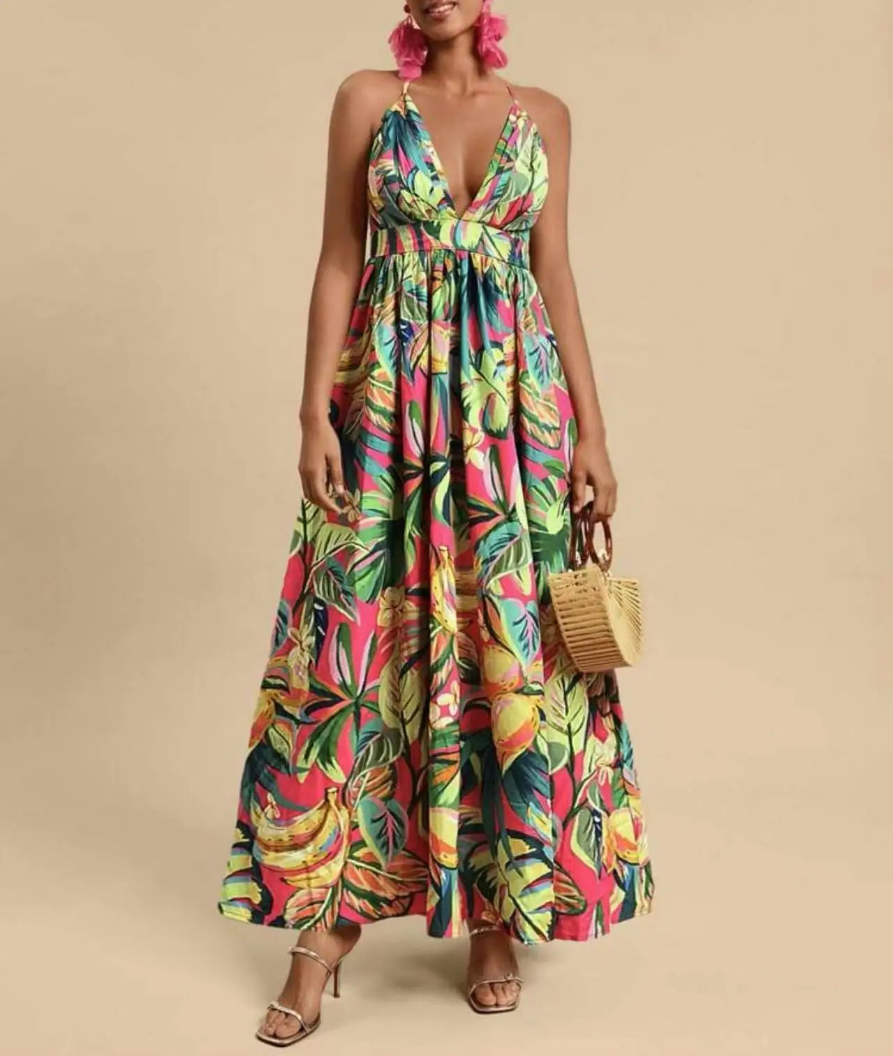 Printed Halter Maxi Dress Set - Bold V-Neck Summer Dress