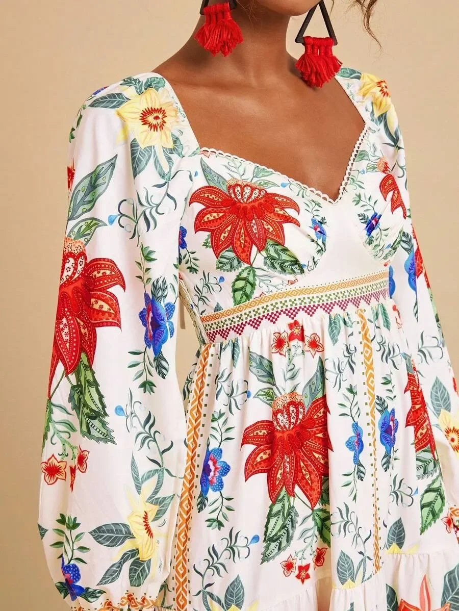 Floral Print V-Neck Maxi Dress - Long Sleeve Empire Waist