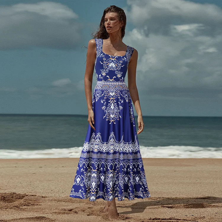 Royal Blue Baroque Print Swimsuit - Vintage Beachwear