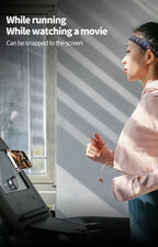 Person using a treadmill with a screen displaying content, with text indicating it can be snapped to the screen.