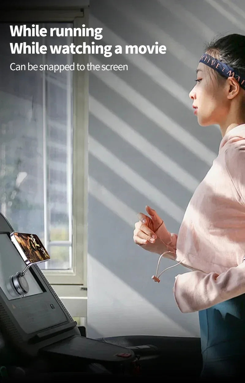 Person using a treadmill with a screen displaying content, with text indicating it can be snapped to the screen.