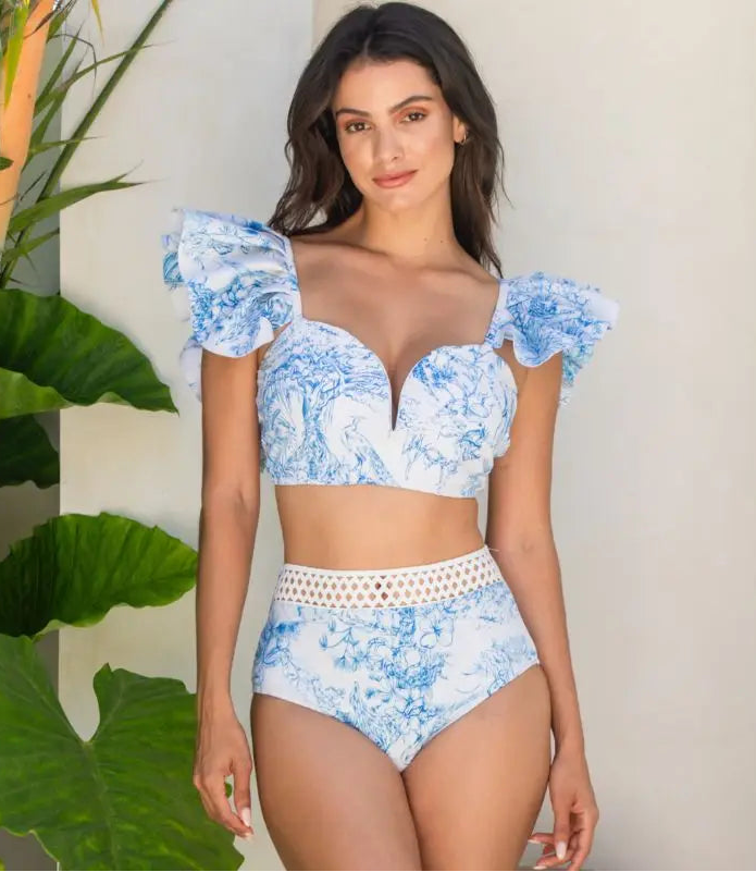 Ruy Print Bikini Set - Net Yarn Tiered Skirt Swimwear